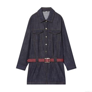 Women's Denim Midi Dress Long Sleeve Lapel Single Breasted Jean Shirt Dress With Red Belt Casual Streetwear Fall Fashion Deep Blue