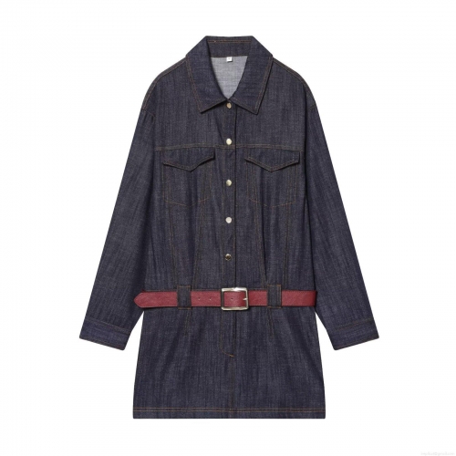 Women's Denim Midi Dress Long Sleeve Lapel Single Breasted Jean Shirt Dress With Red Belt Casual Streetwear Fall Fashion Deep Blue