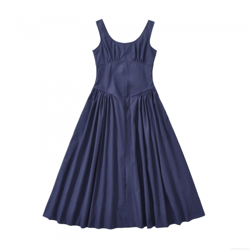 Women's Sleeveless Midi Dress Elegant Backless A-Line Pleated Summer Casual Dress With Pockets Polyester Round Neck Streetwear Solid Color Party Clothing