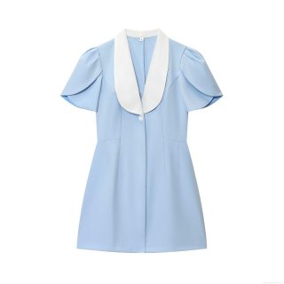 Women Chic Blazer Style A-Line Mini Dress With Contrast White Lapel And Petal Short Sleeves Light Blue Polyester Patchwork Casual Office Streetwear Slim Fit Dress