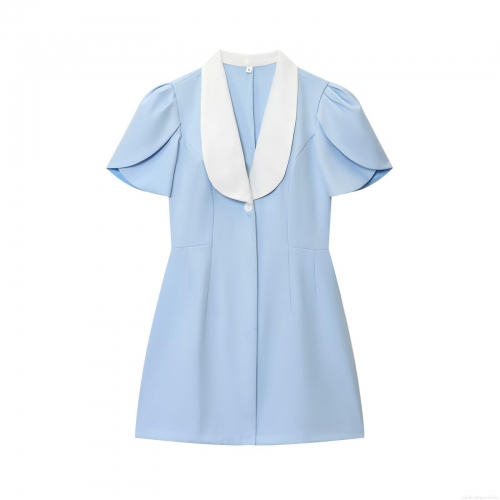 Women Chic Blazer Style A-Line Mini Dress With Contrast White Lapel And Petal Short Sleeves Light Blue Polyester Patchwork Casual Office Streetwear Slim Fit Dress