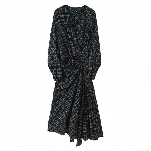 Women's Plaid V-Neck Long Sleeve Midi Dress Elegant Ruched Irregular Hem Polyester Dress Western Style Streetwear Party Dress for Women