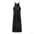 Sexy Black Sequin Halter Maxi Dress For Women Sleeveless Backless Slit Evening Party Long Dress Glamorous Club Prom Wedding Guest Summer Dress