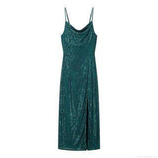 Sexy Cowl Neck Sequin Slip Maxi Dress For Women Elegant Side Split Party Evening Gown Green Polyester Sparkling Long Dress