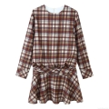 Women's Elegant Plaid Midi Dress Round Neck Long Sleeve Waist Twist Pleated A-Line Polyester Dress For Casual Spring Autumn