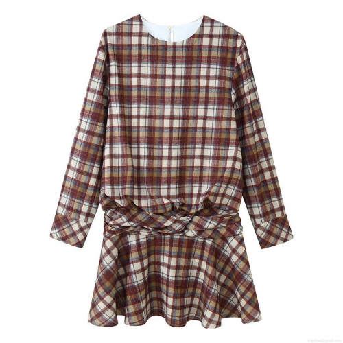Women's Elegant Plaid Midi Dress Round Neck Long Sleeve Waist Twist Pleated A-Line Polyester Dress For Casual Spring Autumn