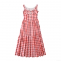 Women Red Gingham Check Cotton Maxi Dress With Floral Embroidery Lace Trim Smocked Waist And Bow Sweet Sleeveless Tiered Cake Dress