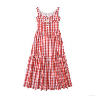Women Red Gingham Check Cotton Maxi Dress With Floral Embroidery Lace Trim Smocked Waist And Bow Sweet Sleeveless Tiered Cake Dress