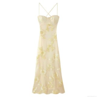 Women Elegant 3D Flower Embroidery Maxi Dress Backless Cross Straps Mesh Ribbon Stitching Sleeveless Heart Neck Cami Long Dress For Wedding Party Evening