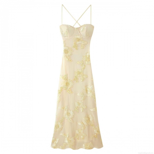 Women Elegant 3D Flower Embroidery Maxi Dress Backless Cross Straps Mesh Ribbon Stitching Sleeveless Heart Neck Cami Long Dress For Wedding Party Evening