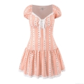 Women's Floral Print Short Sleeve Mini Dress Sweetheart Neck Lace-Up Corset Pink Rose Pattern Dress With White Lace Hem Sweet Vintage Style Casual Summer Dress