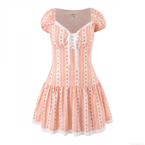 Women's Floral Print Short Sleeve Mini Dress Sweetheart Neck Lace-Up Corset Pink Rose Pattern Dress With White Lace Hem Sweet Vintage Style Casual Summer Dress
