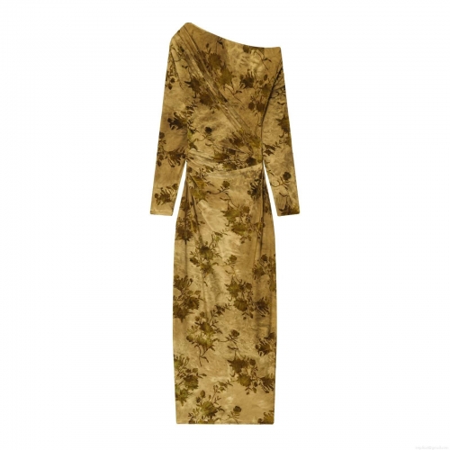 Women's Sexy One Shoulder Long Sleeve Floral Print Maxi Dress Vintage Velvet Flocked Ruched Tight Party Bodycon Long Dress