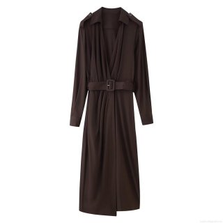 Women's Autumn Solid Color Long Sleeve Shirt Dress Elegant Polyester Maxi Dress With Belt Lapel V-Neck Single-Breasted Streetwear Gown For Women