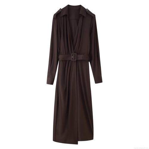 Women's Autumn Solid Color Long Sleeve Shirt Dress Elegant Polyester Maxi Dress With Belt Lapel V-Neck Single-Breasted Streetwear Gown For Women