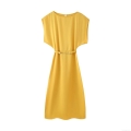 Women's Satin Texture Polyester Midi Dress With Chain Belt Elegant Round Neck Batwing Short Sleeve A-Line Yellow Summer Dress For Ladies Casual Party Wear