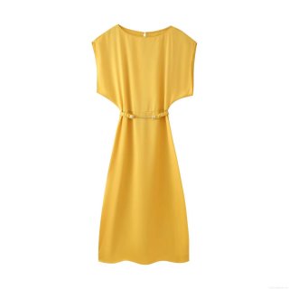 Women's Satin Texture Polyester Midi Dress With Chain Belt Elegant Round Neck Batwing Short Sleeve A-Line Yellow Summer Dress For Ladies Casual Party Wear