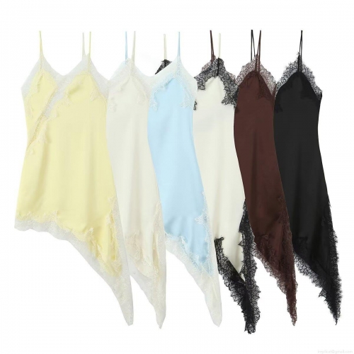 Women's Sexy Satin Lace Patchwork Camisole Dress V-Neck Asymmetric Hem Sleeveless A-Line Midi Dress Elegant Party Clubwear Nightwear