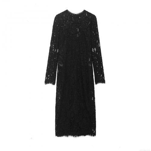 Women's Sexy Black Floral Lace Hollow Out Midi Dress Long Sleeve Round Neck Slim Fit Patchwork Street Style Elegant Party Dress