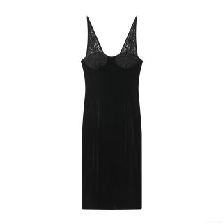 Women's Sexy Backless Velvet Midi Dress With Lace Patchwork V-Neck Camisole Sleeveless A-Line Evening Party Clubwear Dress