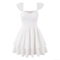Women White 100% Cotton Broderie Anglaise Mini Dress Square Neck Ruffle Fly Sleeve Tiered Cake A-Line Summer Beach Party Dress