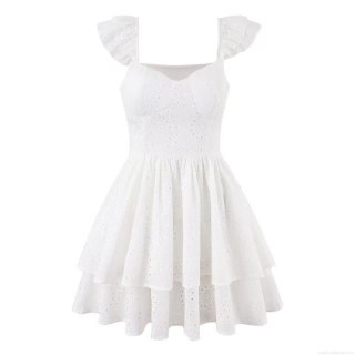Women White 100% Cotton Broderie Anglaise Mini Dress Square Neck Ruffle Fly Sleeve Tiered Cake A-Line Summer Beach Party Dress