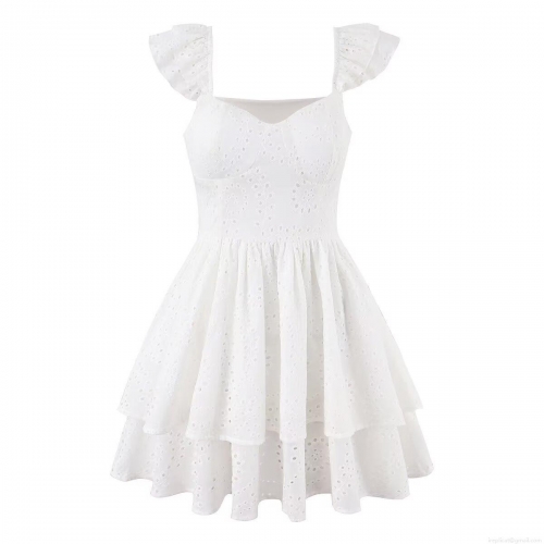 Women White 100% Cotton Broderie Anglaise Mini Dress Square Neck Ruffle Fly Sleeve Tiered Cake A-Line Summer Beach Party Dress
