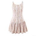 Women's Lace Splicing Mini Dress Sexy Backless Sleeveless A-Line Pleated Hem Mesh Hollow Out Bodycon Party Clubwear Beige White Vertical Striped Elegant Summer Short Dress