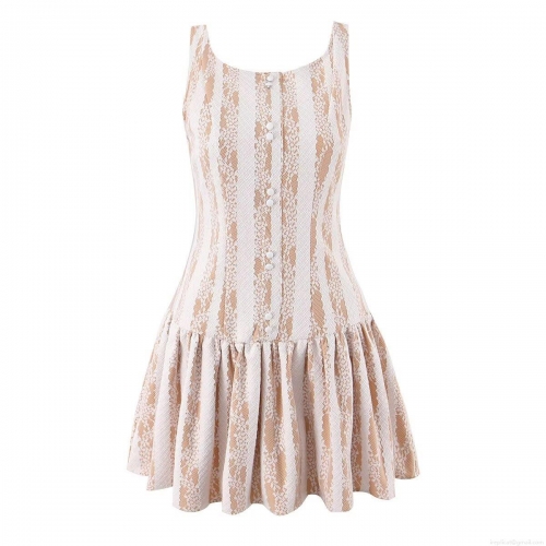 Women's Lace Splicing Mini Dress Sexy Backless Sleeveless A-Line Pleated Hem Mesh Hollow Out Bodycon Party Clubwear Beige White Vertical Striped Elegant Summer Short Dress