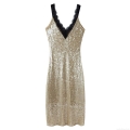 Women's Sexy Gold Sequin V-Neck Mini Slip Dress With Black Lace Trim Sleeveless Party Evening Cocktail Dress Shiny Clubwear