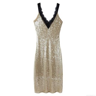 Women's Sexy Gold Sequin V-Neck Mini Slip Dress With Black Lace Trim Sleeveless Party Evening Cocktail Dress Shiny Clubwear