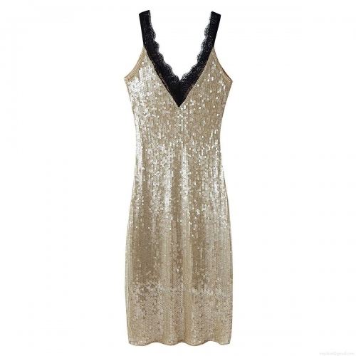 Women's Sexy Gold Sequin V-Neck Mini Slip Dress With Black Lace Trim Sleeveless Party Evening Cocktail Dress Shiny Clubwear
