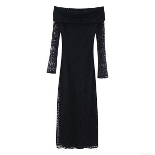 Sexy Black Lace Off-Shoulder Long Sleeve Midi Dress Hollow Out Mesh Stitching Slim Fit Pullover Evening Party Clubwear For Women Elegant Floral Texture