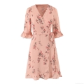 Women's Floral Print Wrap Dress V-Neck Seven-Quarter Flounce Sleeve Chiffon Polyester A-Line Mini Dress With Waist Tie For Spring Summer Casual Streetwear