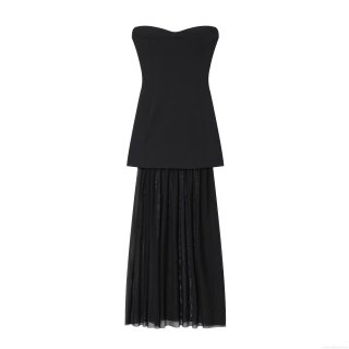 Women's Elegant Off-the-Shoulder Polyester Mesh Patchwork Dress Strapless Pleated Sheer Hem Midi Dress For Party Cocktail Streetwear