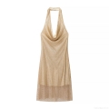 Women Halter Neck Backless Cowl Neck Midi Dress Sexy Champagne Gold Rhinestone Mesh Patchwork Evening Party Bodycon Club Dress For Lady