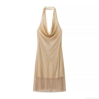 Women Halter Neck Backless Cowl Neck Midi Dress Sexy Champagne Gold Rhinestone Mesh Patchwork Evening Party Bodycon Club Dress For Lady