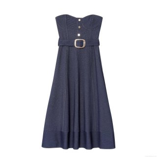 Women's Strapless Denim Midi Dress With Belt Retro A-Line Tube Top Jean Dress With Metal Buttons And Topstitching For Casual Streetwear Party Sleeveless Slim Fit Indigo Blue One-Piece Dress
