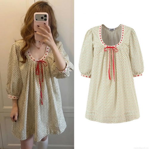 Women's 100% Cotton Floral Midi Dress Red Berry Print Round Neck Lantern Sleeve Cottagecore Casual Summer Beige Short Sleeve A-Line Dress With Bow