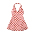 Women's Vintage Gingham Halter Neck Dress Red White Plaid Backless Lace Up A-Line Mini Dress Summer Casual Party Streetwear Sleeveless V Neck Lapel Polyester Short Sundress