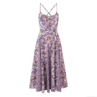 Bohemian Purple Paisley Floral Printed Cotton Blend Slip Dress Women Sexy Backless Cross Straps Midi Sundress For Summer Vacation Streetwear