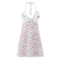Women Summer Halter Neck Floral Mini Dress Cotton Blend Embroidery Backless A-Line Sundress For Vacation Beach Sweet Retro Style Lady Outfits