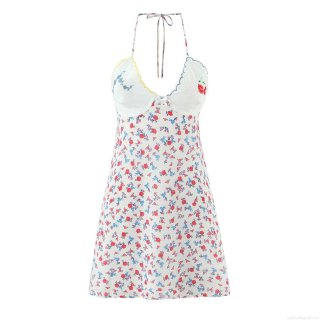 Women Summer Halter Neck Floral Mini Dress Cotton Blend Embroidery Backless A-Line Sundress For Vacation Beach Sweet Retro Style Lady Outfits