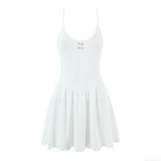 Women's Summer Ribbed Camisole Dress Slim Fit Cotton Blend Mini Dress With Pink Rose Decoration And Lettuce Edge Sweet Casual Sleeveless Sundress For Women