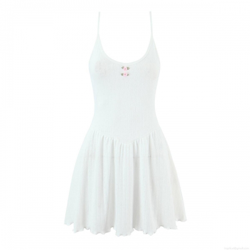 Women's Summer Ribbed Camisole Dress Slim Fit Cotton Blend Mini Dress With Pink Rose Decoration And Lettuce Edge Sweet Casual Sleeveless Sundress For Women