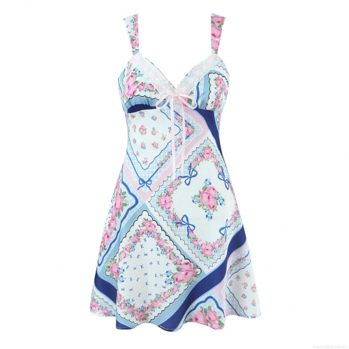 Women's Retro Patchwork Print Mini Dress Polyester Rose Floral Spaghetti Strap Dress With Lace Trim Bowknot Summer Casual V-Neck Sleeveless Dress