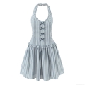Women Halter Neck Stripe Printed Mini Dress With Bow Decoration Backless Ruffle Summer Sleeveless A-Line Polyester Sundress For Party Vacation Dating