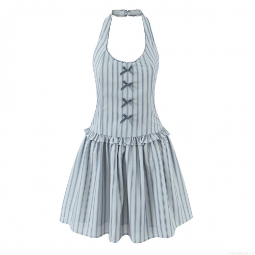 Women Halter Neck Stripe Printed Mini Dress With Bow Decoration Backless Ruffle Summer Sleeveless A-Line Polyester Sundress For Party Vacation Dating
