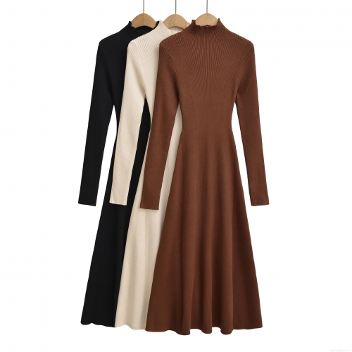 Women's Mock Neck Long Sleeve Ribbed Knit Midi Dress Pure Cotton Slim Fit A-Line Sweater Dress Elegant Solid Color Casual Streetwear Autumn Winter One-Piece