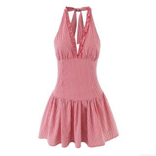 Women's Retro Gingham Plaid Halter Neck Mini Dress Sexy Backless Ruffle Trim Smocked Cotton Blend Sleeveless Summer Vacation A-Line Sundress